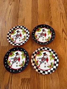 MacKenzie-Childs Holiday Snowman Dessert Plates - Black, White, Red & Green